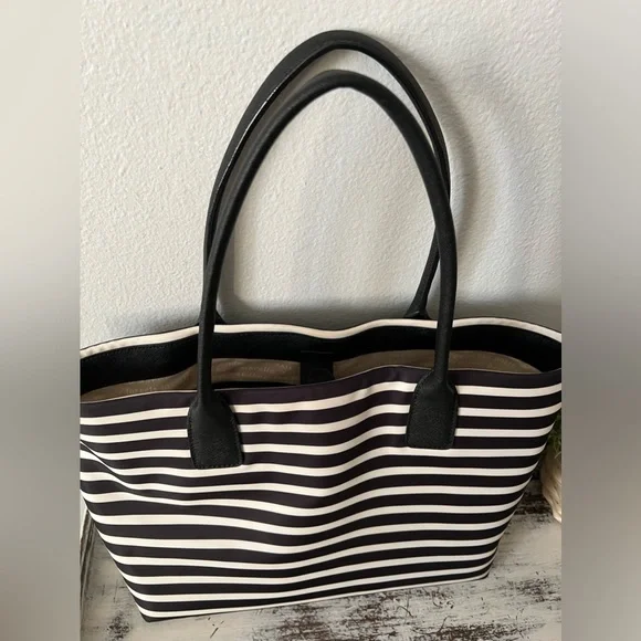 **SOLD**Kate Spade Nylon Tote Bag Black & White Striped Large Shoulderbag Purse - Picture 7 of 7